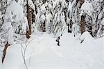 Woman snowboarding on snowy mountain