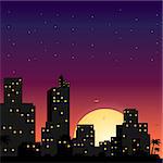 Vector town in flat style design.City at night with stars and big yellow moon.