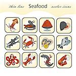 Seafood color vector icons set. Symbols of various delicacies - oyster, cancer, molluscs, mussels, eel, caviar, anchovies, octopus and dorado