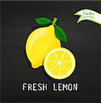 Fresh lemon fruits on the blackboard background, vector illustrations.