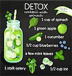 Recipe detox cocktail with cucumber, blueberry, ice, apple, spinach, mint. Vector illustration for diet menu, cafe and restaurant menu. Fresh smoothies, detox, fruit cocktail for healthy life.