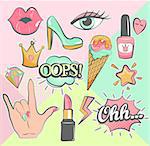 Fashion patch badges with lips, hearts, speech bubbles and others. Set of fashion stickers, icons, patches in 80s-90s comic cartoon style.Modern geometric pastel background. Vector illustration.