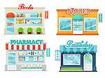 Shops and stores icons set in flat design style. Laundry, shop book, pharmacy and barbershop. Vector illustration