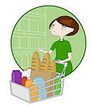Woman cartoon with a basket filled of different products in a supermarket, vector illustration