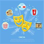 Cinema and Movie time concept with flat icons theater masks, popcorn, tickets, 3d glasses, film frame with countdown, isolated vector illustration