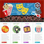 cinema auditorium infographics with flat icons seats, audience and theater masks on screen, vector illustration