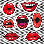 Fashion patch badges with lips and white stroke. Set of stickers and patches in cartoon 80s-90s comic style in vector. Ready for print