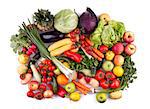 Top view of fruits and vegetables isolated on white background.