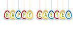 Happy Easter greeting card with hanging paper eggs. Vector illustration.