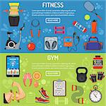 Fitness, Gym, Cardio, Healthy Lifestyle horizontal banners with flat icons Exercise Bike, waist, biceps and scales, vector illustration