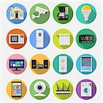 Smart House and internet of things Flat Icons Set with smartphone, tablet, security camera, router light bulb and smart tv on colored circles with Long Shadows. Isolated vector illustration