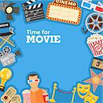 Cinema and Movie time frame with flat icons masks, 3D glasses, clapperboard, signboard and viewer with popcorn and soda in hands, isolated vector illustration