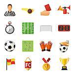 Soccer and Football Flat Icon Set with Referee, Ball, stadium and Trophy. isolated vector illustration