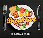 Good Breakfast lettering and hand drawn outline watercolor pan, fork and knife on textured black board background. Vector design for breakfast menu, cafe, restaurant.