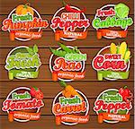 Fresh tomato and pumpkin, pepper, peas, cabbage, carrot, sweet corn, logo lettering typography food label or sticker. Concept for farmers market, organic food, natural product design.Vector.
