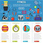 Fitness, Gym, Cardio, Healthy Lifestyle infographics with flat icons Exercise Bike, waist, racket and scales, isolated vector illustration