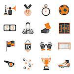 Soccer and Football two color Icons Set with Referee, Ball, stadium and Trophy. isolated vector illustration