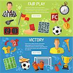Soccer horizontal Banners with flat icons tournament,  player, referee and award, isolated vector illustration