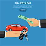 buy or rental car concept with flat icons. hand holding car keys, other hand gives money. isolated vector illustration