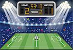 Soccer stadium with flat icons scoreboard, spotlight, ball, fans and goal, vector illustration