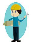 Construction worker, engineer or architect holding projects and wrench cartoon character, vector illustration