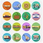Cargo Transport, Packaging, shipping, delivery and logistics flat Icons Set with Truck, air cargo, Train, Shipping on colored circles with Long Shadows. isolated vector illustration