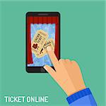 Concepts online cinema ticket order Man touching hand screen smartphone vertically buy app, isolated vector flat icon illustration