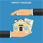 property Insurance concept with Flat Icons House, hands and Policy. isolated vector illustration