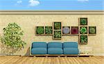 Blue pallet sofa with vertical garden on stone wall - 3d rendering