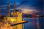 Image of Ortakoy Mosque with Bosphorus Bridge in Istanbul during twilight blue hour.