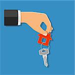 businessman holds in hand home keys. purchase or rental real estate concept with flat style icon. isolated vector illustration