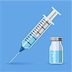 icon plastic medical syringe with needle and vial in flat style, concept of vaccination, injection, isolated vector illustration