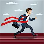 Running businessman crosses a finish line red ribbon. Also available as a Vector in Adobe illustrator EPS 10 format.