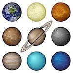 Space set of isolated planets of Solar System - Mercury, Venus, Earth, Mars, Jupiter, Saturn, Uranus, Neptune and Moon. Elements of this image furnished by NASA. Eps10, contains transparencies. Vector