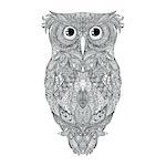 Black hand drawn outlined Owl sitting. Black and white zentangle art. Ethnic patterned illustration for antistress coloring book, tattoo, poster, print, t-shirt. Vector Illustration