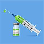 icon plastic medical syringe with needle, drop and vial in flat style, concept of vaccination, injection, isolated vector illustration