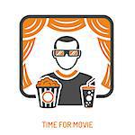 Cinema and Movie concept with two color Icons Set like popcorn, theater and viewer. Isolated vector illustration