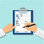 Doctor writes prescription with pen on rx form on clipboard. Medical and healthcare concept. flat style icons. isolated vector illustration
