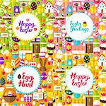 Flat Happy Easter Postcards. Vector Illustration Spring Holiday Posters.
