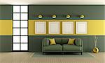 Green and yellow living room with sofa,blank frame and window - 3d rendering