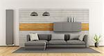 White and gray modern living room with sofa and concrete panel on background - 3d rendering