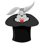 A cute cartoon magicians bunny rabbit coming out of a top hat with a magic wand, vector illustration