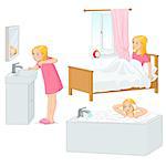 Cute young girl doing her morning routine. Vector illustration