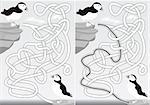 Puffin maze for kids with a solution in black and white