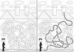 Chimney sweeper maze for kids with a solution in black and white