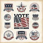 A set of vintage USA election labels and badges in woodcut style. Editable EPS10 vector illustration with clipping mask and transparency.