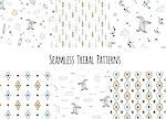 Set of navajo tribal patterns with low poly penguins. Vector illustration.