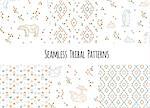 Set of navajo tribal patterns with low poly penguins, polar bears and whales. Vector illustration.