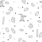 Seamless black and white kids tribal pattern with penguins and low-poly crystals. Vector illustration.