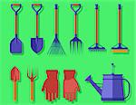 isolated bright colorful garden tools on green background for landscaping or harvesting